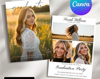 Abitur-Ankündigungskarte, bearbeitbare Fotoeinladung, minimalistische Senior Canva-Vorlage
