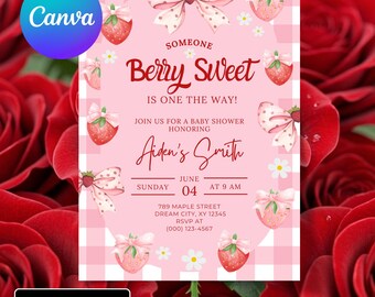 Beere süße Babypartyeinladung Canva Template | Blush Erdbeere einladen bearbeitbar