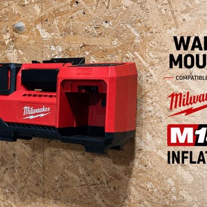May include: A red and black Milwaukee M18 inflator wall mount. The mount is attached to a wooden surface. The Milwaukee logo is visible on the inflator. Text on the image reads "WALL MOUNT COMPATIBLE WITH Milwaukee M18 INFLATOR."