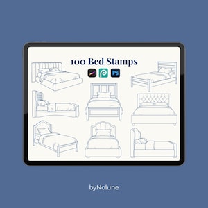 May include: A digital collection of 100 bed stamps displayed on a tablet screen. The image features various line art illustrations of beds in different styles, including tufted headboards and wooden frames, with the text 100 Bed Stamps byNolune.
