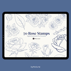 May include: A digital download displayed on a tablet featuring 70 rose stamps for Procreate. The stamps are line drawings in navy blue, showcasing various rose designs, leaves, and buds. The tablet is set against a solid navy blue background.