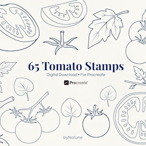 Puede incluir: Descarga digital de 65 sellos de tomate para Procreate. La imagen presenta ilustraciones lineales de tomates, rodajas de tomate, hojas y tallos. El texto "65 Tomato Stamps" se muestra de forma destacada.