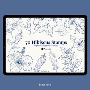 May include: A digital download displayed on a tablet, featuring 70 hibiscus stamps for Procreate. The design includes detailed line art of hibiscus flowers, buds, and leaves in a dark blue color against a cream background. The tablet is set against a solid blue backdrop.