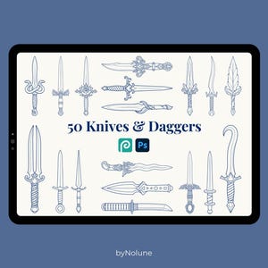 May include: A digital collection of 50 Knives & Daggers displayed on a tablet screen. The image features various blue line-art illustrations of bladed weapons, including straight, curved, and ornate designs, alongside Procreate and Photoshop icons.