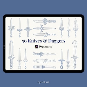 May include: A digital display showing a collection of 50 blue line-art illustrations of various knives and daggers arranged on a white background. The text 50 Knives & Daggers and the Procreate logo are centered. The text byNolune appears at the bottom.