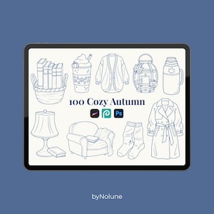 May include: A digital illustration set titled 100 Cozy Autumn featuring line art of books in a basket, a pumpkin spice drink, a cardigan, a lantern, a thermos, a lamp, an armchair, socks, and a trench coat, with software icons for Procreate.