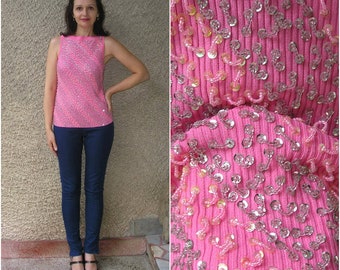 Vintage BEADED candy pink knit top, size S-M