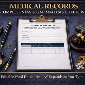May include: An image featuring a medical records checklist on a clipboard, with the text "MEDICAL RECORDS COMPLETENESS & GAP ANALYSIS CHECKLIST." The image includes a gavel, books, pens, a stethoscope, and a bottle of pills. The document is in DOCX format.