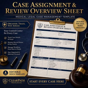 May include: A medical-legal case management template titled "Case Assignment & Review Overview Sheet." The document, held by a clipboard, includes sections for case information, type, priority, and assignment scope. The design is for legal nurse consultants.