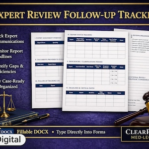 May include: Digital Expert Review Follow-Up Tracker with fillable DOCX forms. The image shows a gavel, scales of justice, and a pen on a dark blue background. The tracker includes sections for expert assignment, deadlines, and deficiencies.