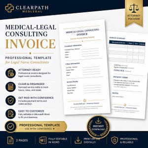 May include: A medical-legal consulting invoice template for legal nurse consultants. The design includes sections for consultant and client information, invoice details, and a service summary. The template is attorney-ready, clear, organised, and easy to customise.