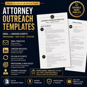 Könnte beinhalten: Dunkelblau-goldene Grafik, die Vorlagen für die Anwaltssuche bewirbt. Der Text lautet "Attorney Outreach Templates" und "Email + LinkedIn Scripts". Symbole stehen für E-Mail, LinkedIn, Follow-up-Skripte und professionelle Kommunikation.