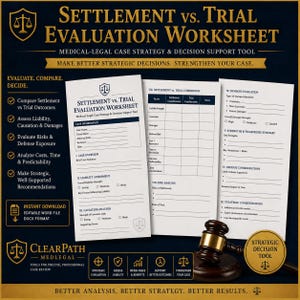 Könnte beinhalten: Ein medizinisch-juristisches Arbeitsblatt mit dem Titel "Settlement vs. Trial Evaluation Worksheet" mit einem Hammer und einem goldfarbenen Siegel. Das Arbeitsblatt enthält Abschnitte für Fallinformationen, Haftungsbeurteilung und Risikoanalyse.