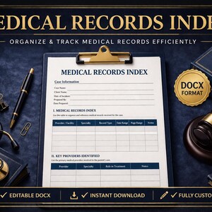May include: A document titled "MEDICAL RECORDS INDEX" with the text "ORGANIZE & TRACK MEDICAL RECORDS EFFICIENTLY." The image includes a clipboard, pen, stethoscope, books, and a gavel. The document is in DOCX format and is fully customizable.