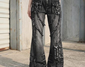 Cargo Flared Jeans | Casual Patchwork Straight Pants | Daily Wear | Grunge Y2K Style