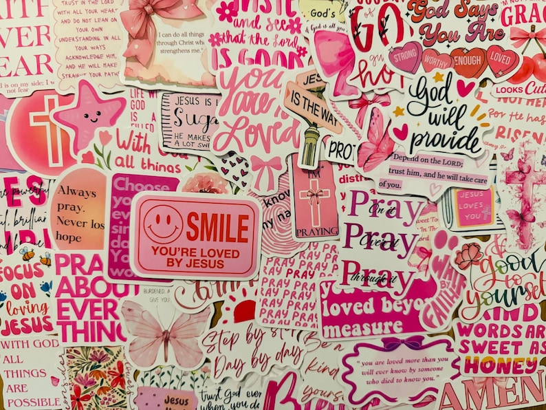 50pcs Pink Christian Stickers Pack Jesus Loves You Bible Verse ...