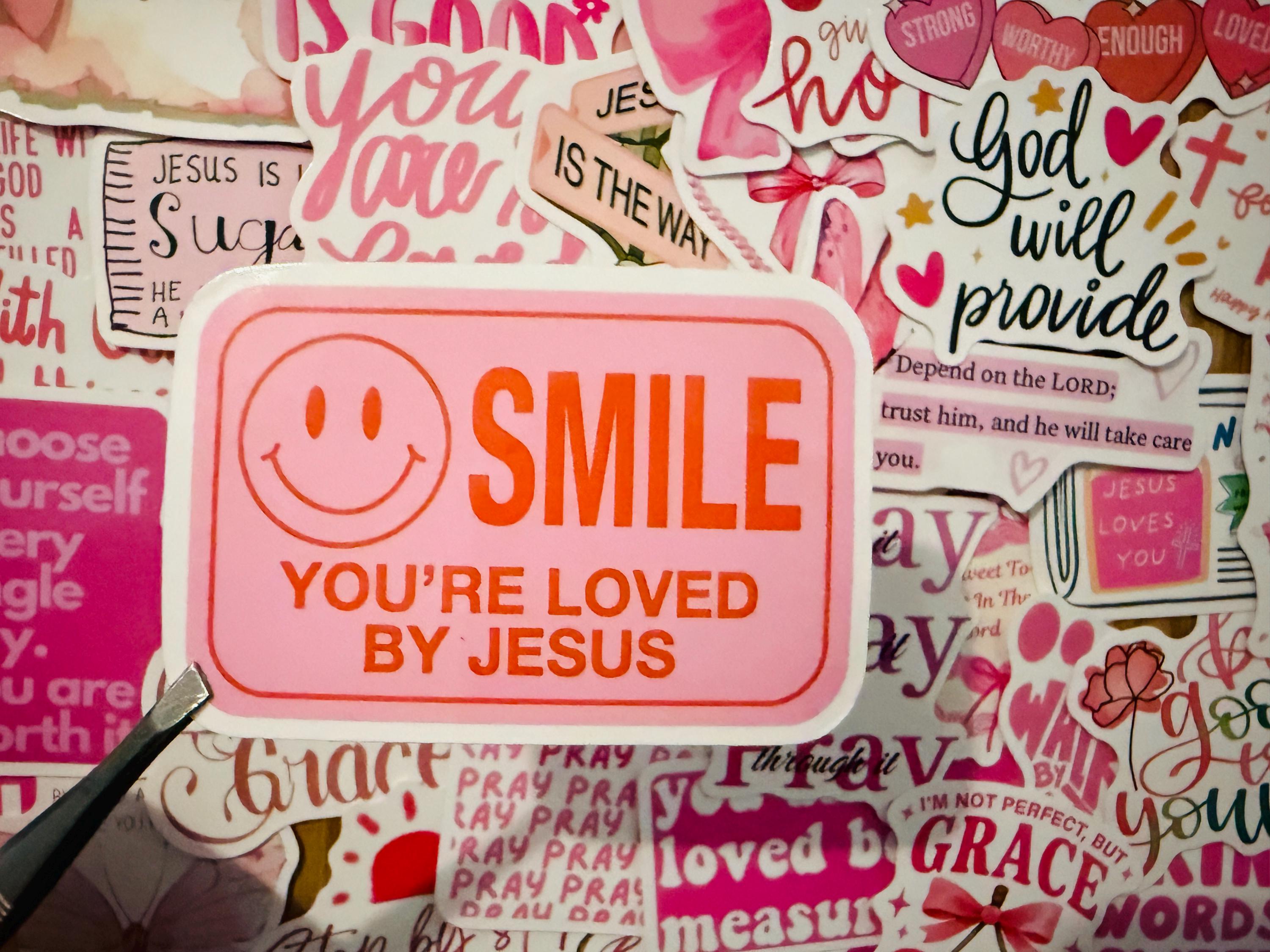 50pcs Pink Christian Stickers Pack Jesus Loves You Bible Verse ...