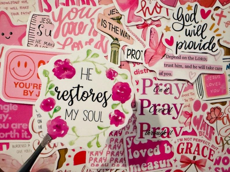 50pcs Pink Christian Stickers Pack Jesus Loves You Bible Verse ...