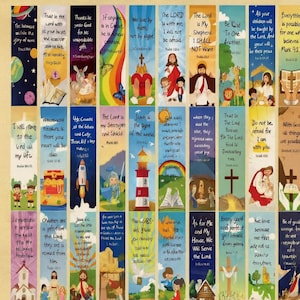 Puede incluir: Una colección de coloridos marcadores de temática cristiana. Cada marcador presenta citas inspiradoras, versículos bíblicos e ilustraciones de símbolos religiosos, incluyendo cruces, Jesús y un faro. Los marcadores son rectangulares y varían en diseño.