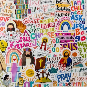 May include: A collection of colorful stickers with religious themes. The stickers feature images of Jesus, crosses, rainbows, and inspirational phrases like "Jesus Saves" and "Be the Light." The overall design is vibrant and eye-catching.