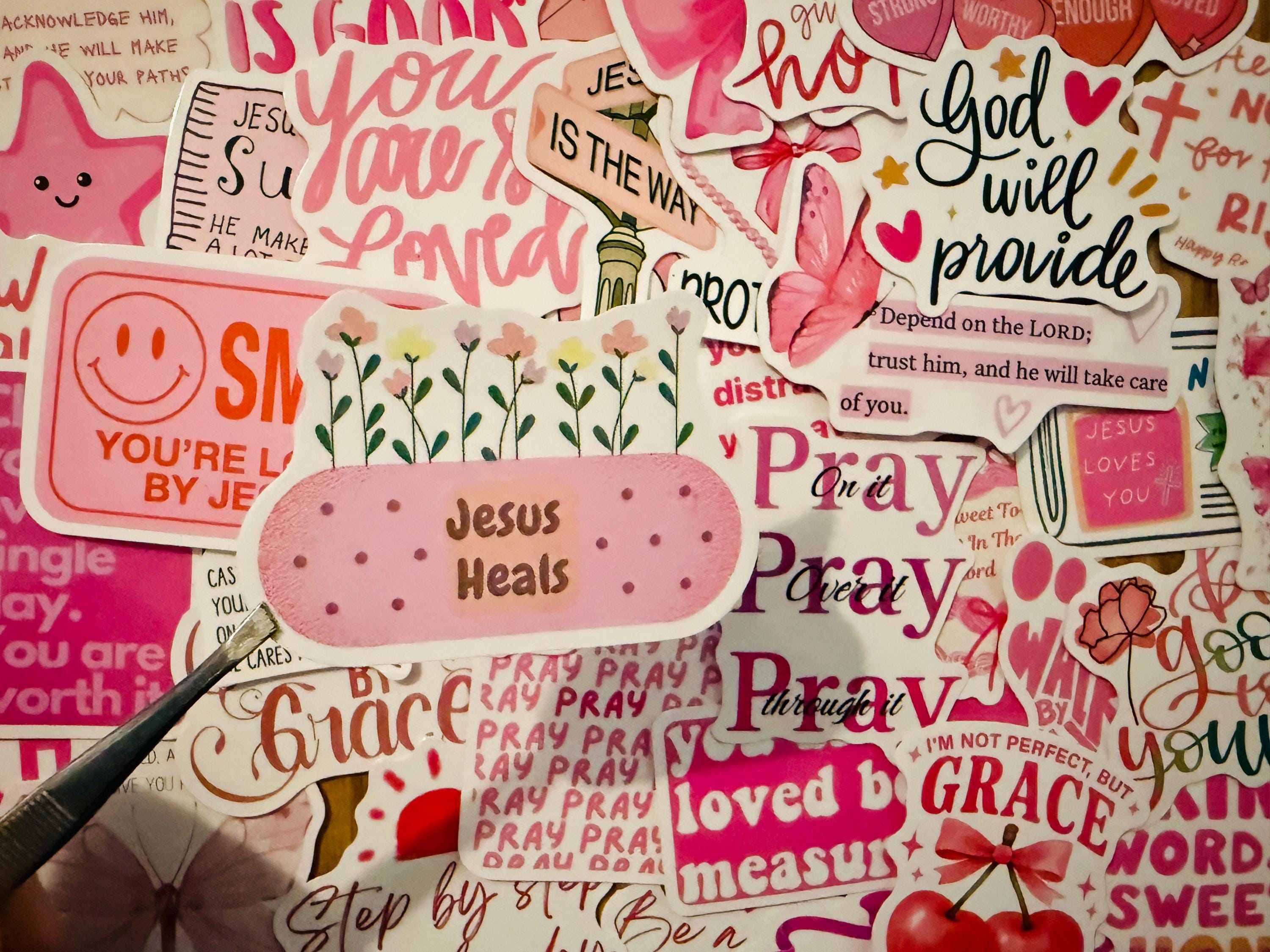 50pcs Pink Christian Stickers Pack Jesus Loves You Bible Verse ...