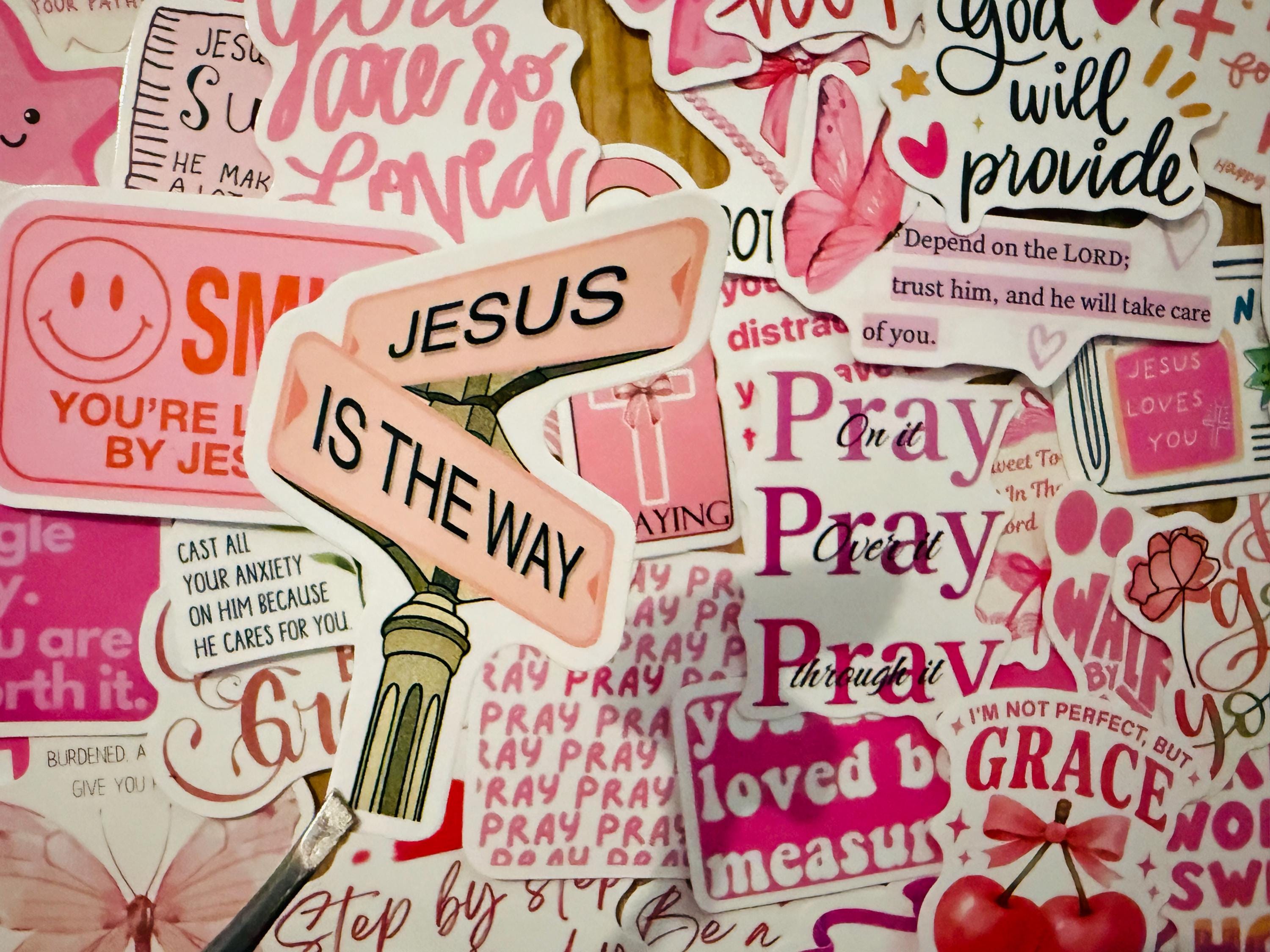 50pcs Pink Christian Stickers Pack Jesus Loves You Bible Verse ...