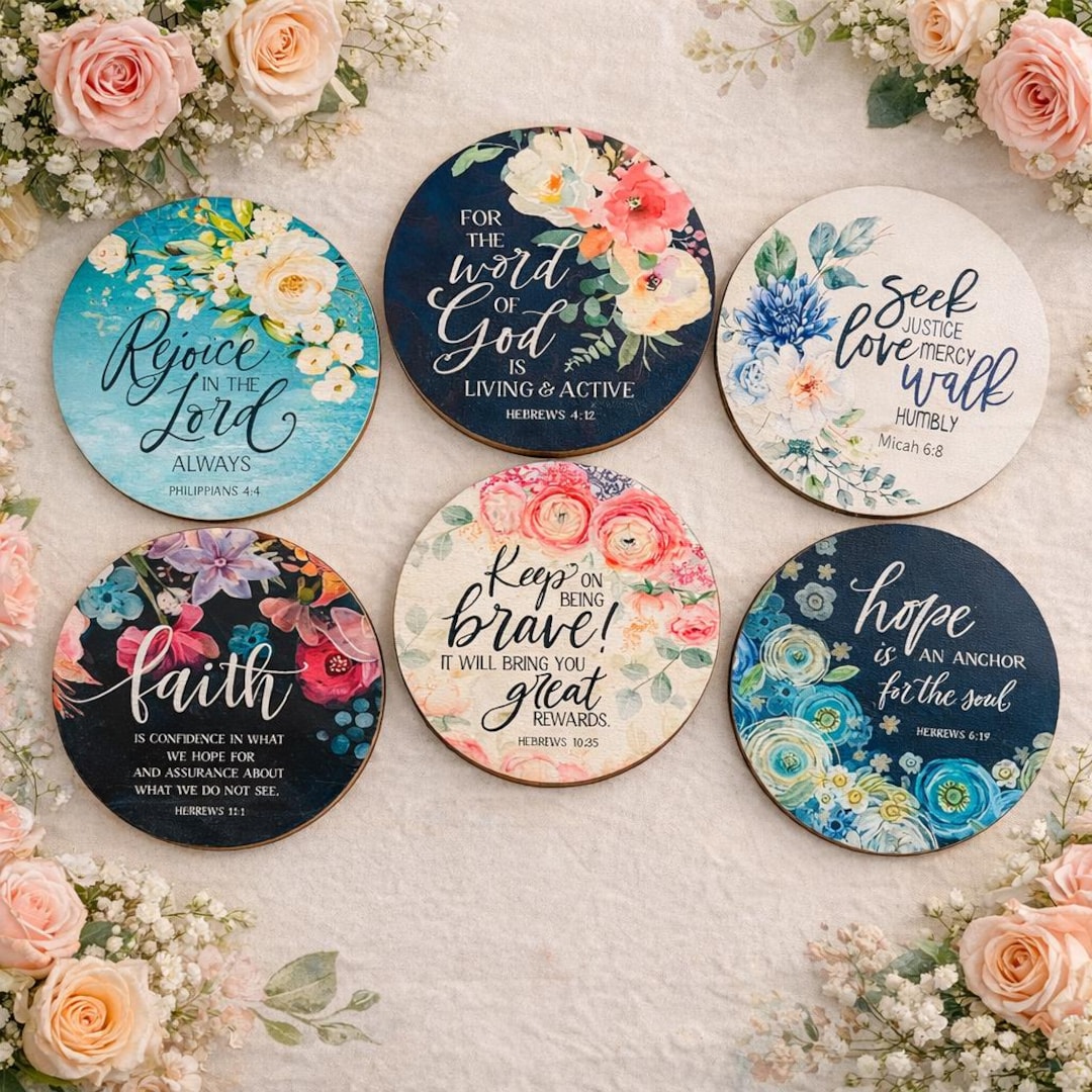 Christian Wooden Coasters Set: Floral Bible Verse Home Decor Mug ...