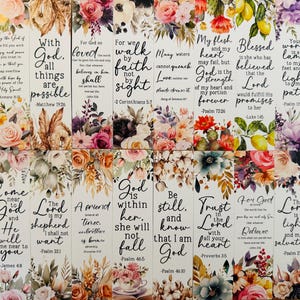 May include: A selection of floral bookmarks featuring Bible verses. Each bookmark has a different floral arrangement and quote, with a variety of colours. Ideal for religious gifts.