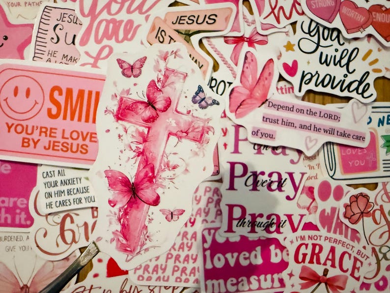 50pcs Pink Christian Stickers Pack Jesus Loves You Bible Verse ...