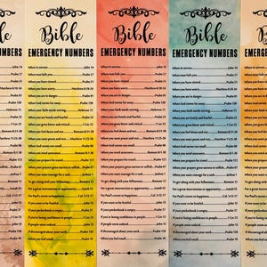 May include: Five Bible verse bookmarks with watercolour backgrounds. Each bookmark features the word "Bible" and "Emergency Numbers". The text lists verses for various situations, such as when feeling sorrow or fear.