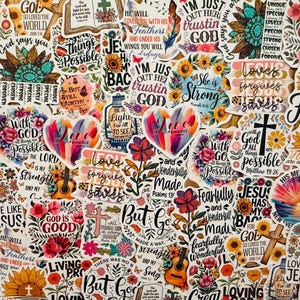 May include: A collection of colorful stickers with inspirational and religious themes. Designs include floral arrangements, hearts, crosses, guitars, and text such as "God is Good," "Love," and Bible verses. The stickers are suitable for various crafting projects.