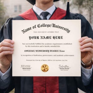 Puede incluir: Un diploma crema con texto negro, incluyendo "Name of College/University" y "YOUR NAME HERE". El documento tiene un sello dorado y lo sostiene una persona con una toga de graduación. El texto es claramente legible.