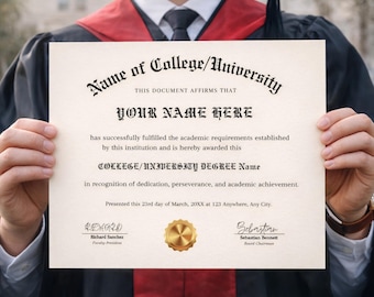 Modelo de diploma universitário editável, certificado de formatura imprimível com selo dourado, diploma Canva, download instantâneo em formatos A4 e Carta (EUA).