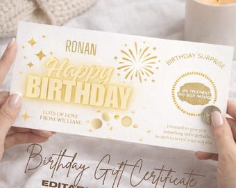 Certificado de presente de aniversário editável, vale-presente imprimível, raspe para revelar uma surpresa, cupom de aniversário para download instantâneo, modelo dourado do Canva