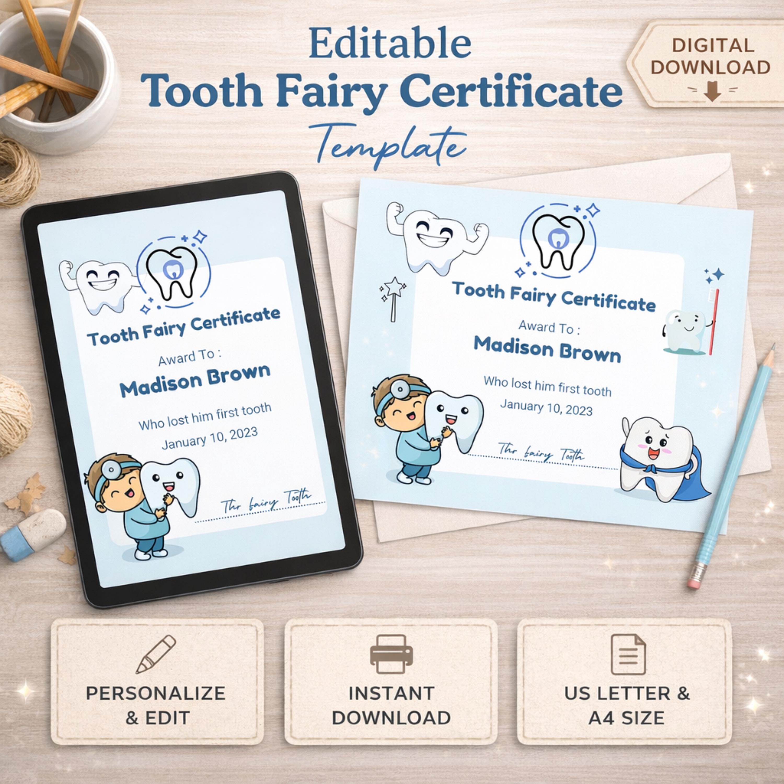 Editable Tooth Fairy Certificate | Lost Tooth Award (2 Designs, Digital ...