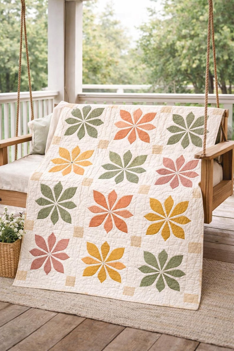 urban bloom quilt, quilt pattern pdf, modern quilt, botanical quilt, printable pattern, digital quilt file, quilt block design, bed quilt pattern, porch quilt decor, beginner quilt, quilt sewing pdf, home decor quilt, grid quilt pattern