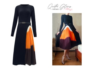 Black Knitted Dress Women Long Sleeve with Pleased Orange Skirt Detail Pleated Vintage Elegant Midi Dress Autum Fashion Runway