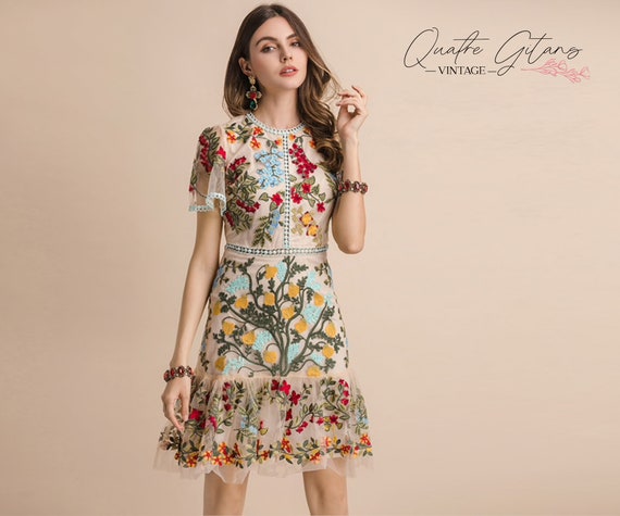 Floral Embroidery Elegant Mesh Dress Fashion Runway Summer - Etsy
