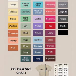 May include: A color and size chart for a t-shirt, displaying a grid of 45 color swatches with names like White, Mustard, and Navy. Includes a diagram of a t-shirt with chest and length measurements, and a table listing sizes S through 4XL in inches.