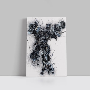 May include: A rectangular canvas print featuring a black and dark gray mechanical robot figure with intricate metallic details. The robot is depicted in a dynamic pose with large arm-mounted cannons against a white background with black paint splatters.