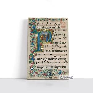 May include: A rectangular canvas print featuring a medieval illuminated manuscript page with black musical notation and Latin text. A large, ornate blue and gold letter P contains a miniature painting of two figures. Floral borders decorate the edges.