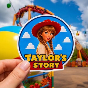 May include: A circular sticker featuring a cartoon character with auburn braided hair wearing a red cowboy hat. The background is blue with white clouds. The text "TAYLOR'S STORY" is printed in yellow and red block letters at the bottom.
