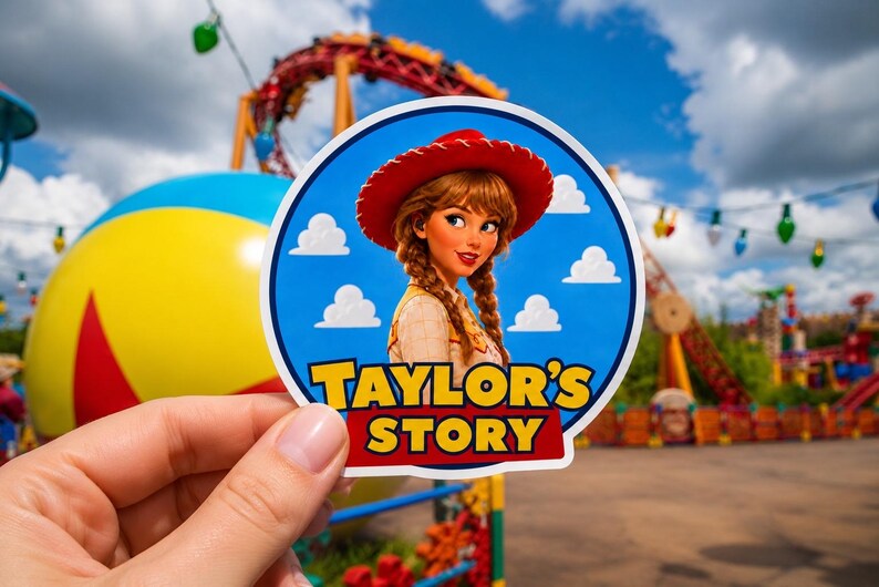 May include: A circular sticker featuring a cartoon character with auburn braided hair wearing a red cowboy hat. The background is blue with white clouds. The text "TAYLOR'S STORY" is printed in yellow and red block letters at the bottom.