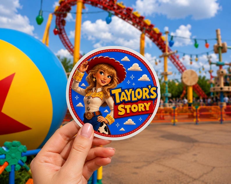 May include: A circular sticker featuring a cartoon cowgirl with blonde hair, a red hat, and a western-style outfit. The blue background includes white clouds and the yellow text "TAYLOR'S STORY" in a bold, stylized font with a red outline.