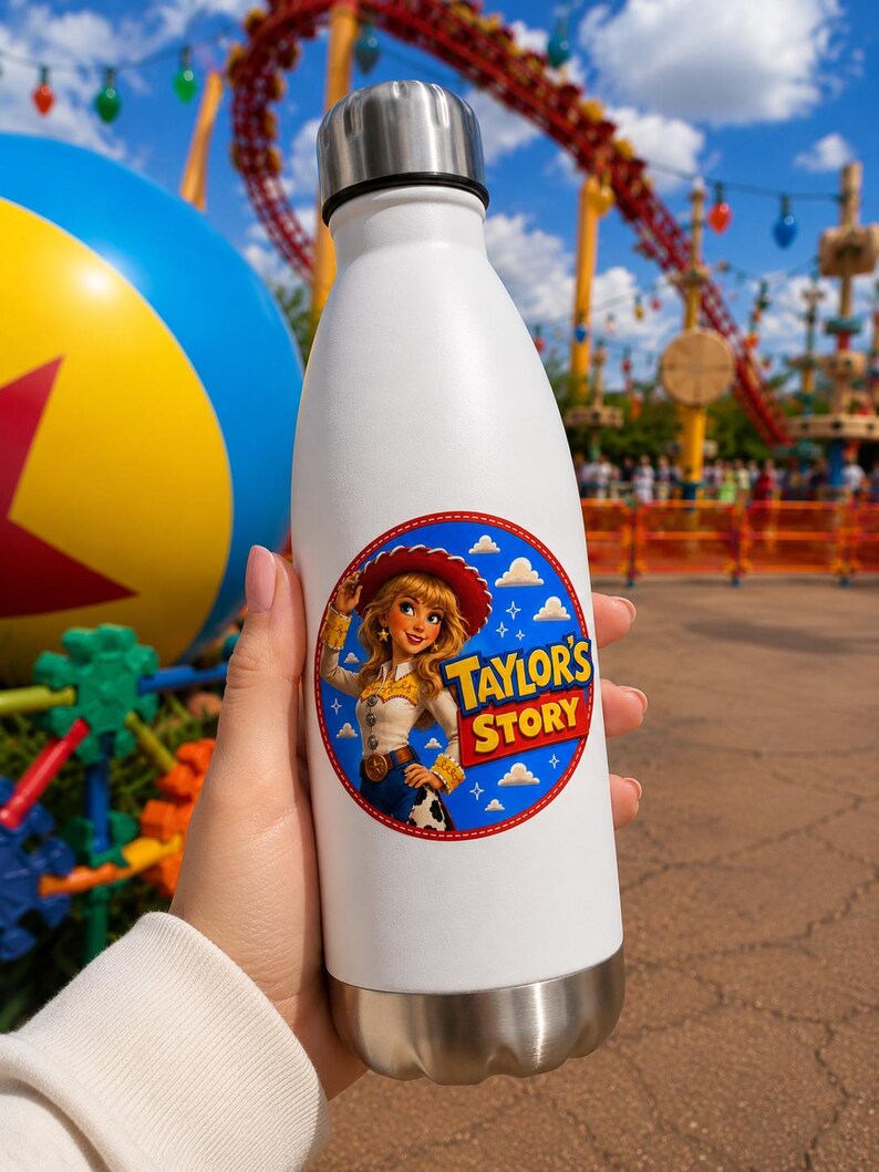 May include: A white stainless steel water bottle with a silver cap and base. A circular sticker on the front features a cartoon cowgirl character wearing a red hat and the text Taylor's Story against a blue background with white clouds.