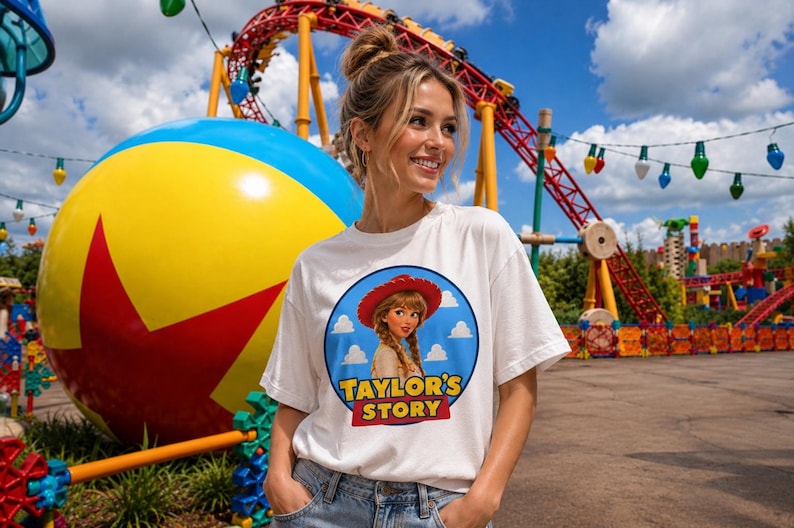 Puede incluir: Una camiseta blanca de manga corta con un gr&aacute;fico circular en el pecho. El gr&aacute;fico muestra a un personaje femenino con el pelo trenzado y un sombrero rojo sobre un cielo azul con nubes, con el texto "TAYLOR'S STORY" impreso en amarillo y rojo.