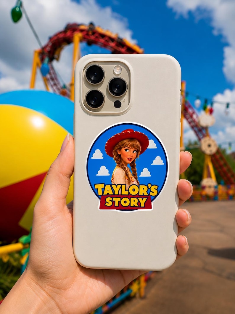 May include: A cream-colored smartphone case featuring a circular sticker with a cartoon character wearing a red cowgirl hat and braids, set against a blue sky with white clouds and the yellow and red text "TAYLOR'S STORY" at the bottom.