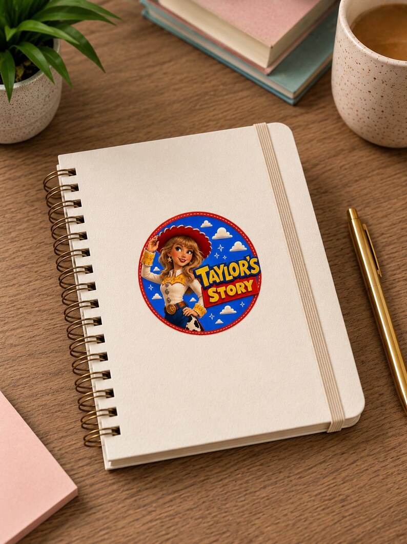 May include: A white spiral-bound notebook featuring a circular sticker on the cover. The sticker displays a cartoon cowgirl character in a red hat and yellow shirt, set against a blue sky with clouds and the text Taylor's Story in yellow letters.
