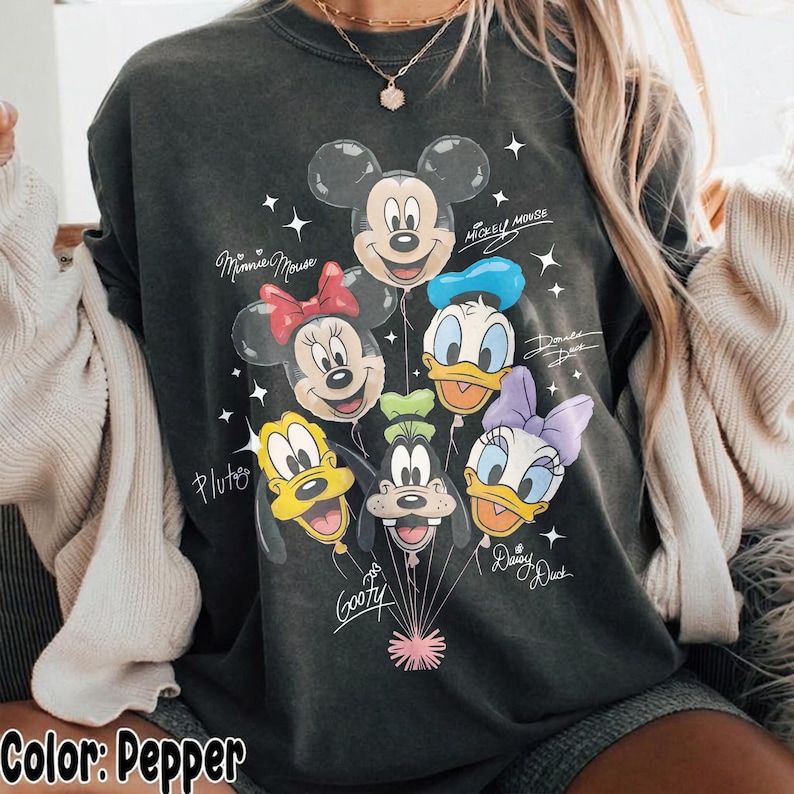 Retro Mickey and Friends Balloon PNG, Disney Family Trip Digital Download, Minnie Donald Daisy Goofy Pluto, Cute Tshirt Print File image 2
