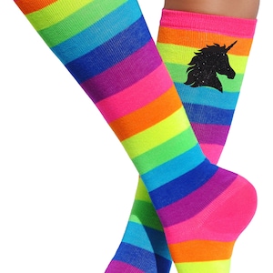 Black Unicorn Rainbow Knee High Socks Unicorn Costume Socks Roller Skate Party Fun Socks Glow Party Magical Fairytale Birthday Little Pony